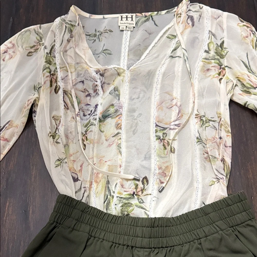 Haute Hippie Olive cream blouse with olive green pants
